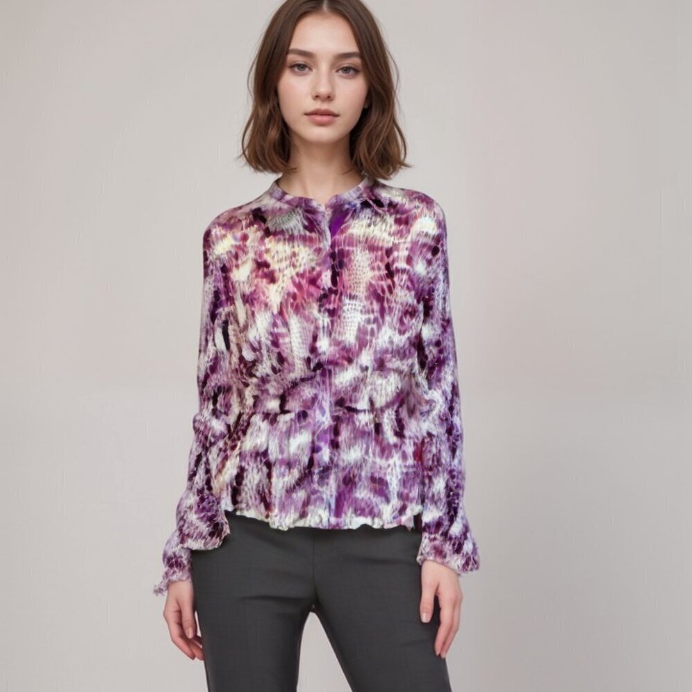 Lloyd Williams Elegant Purple and Green Long Sleeve Evening Blouse in Size Large